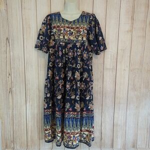Vintage Floral Navy Cottagecore Milkmaid  Grandmacore Prairie Maxi Dress Small